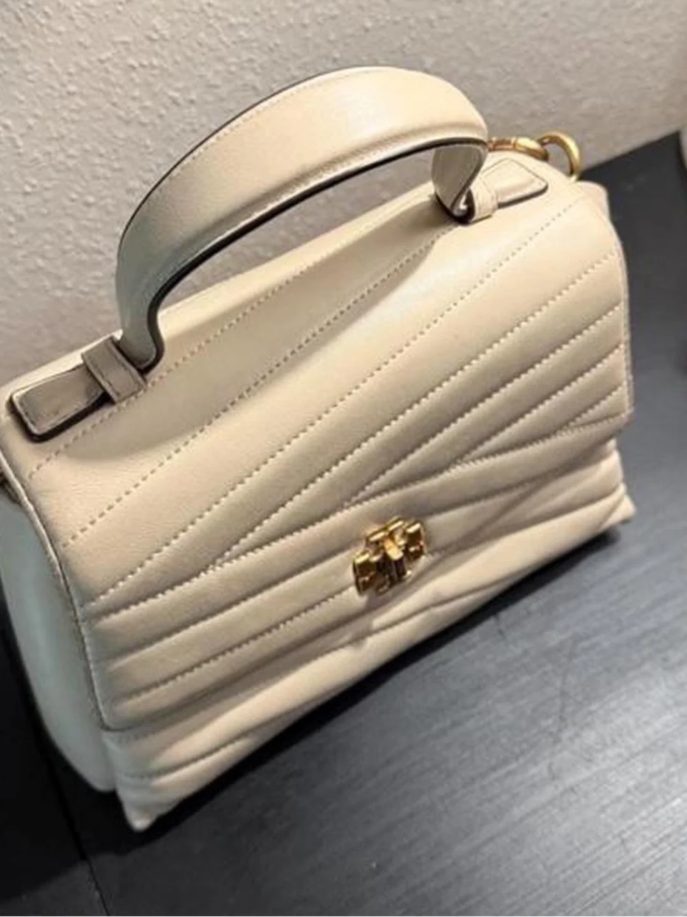 Tory Burch Quilted Cream Top-Handle Shoulder Bag with Gold Hardware